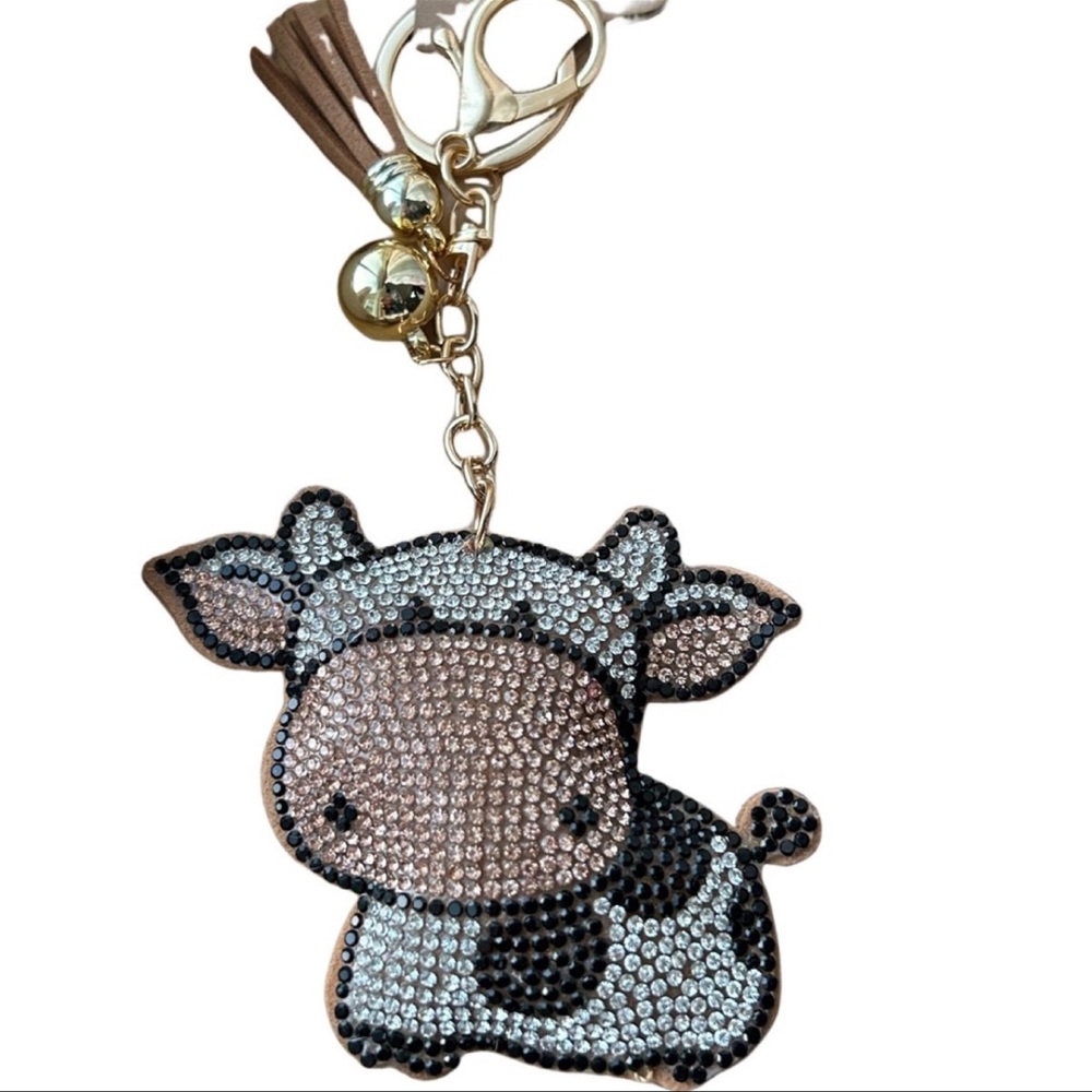 New Bling Rhinestone Spotted Cow Puffy Tassel Keychain Charm